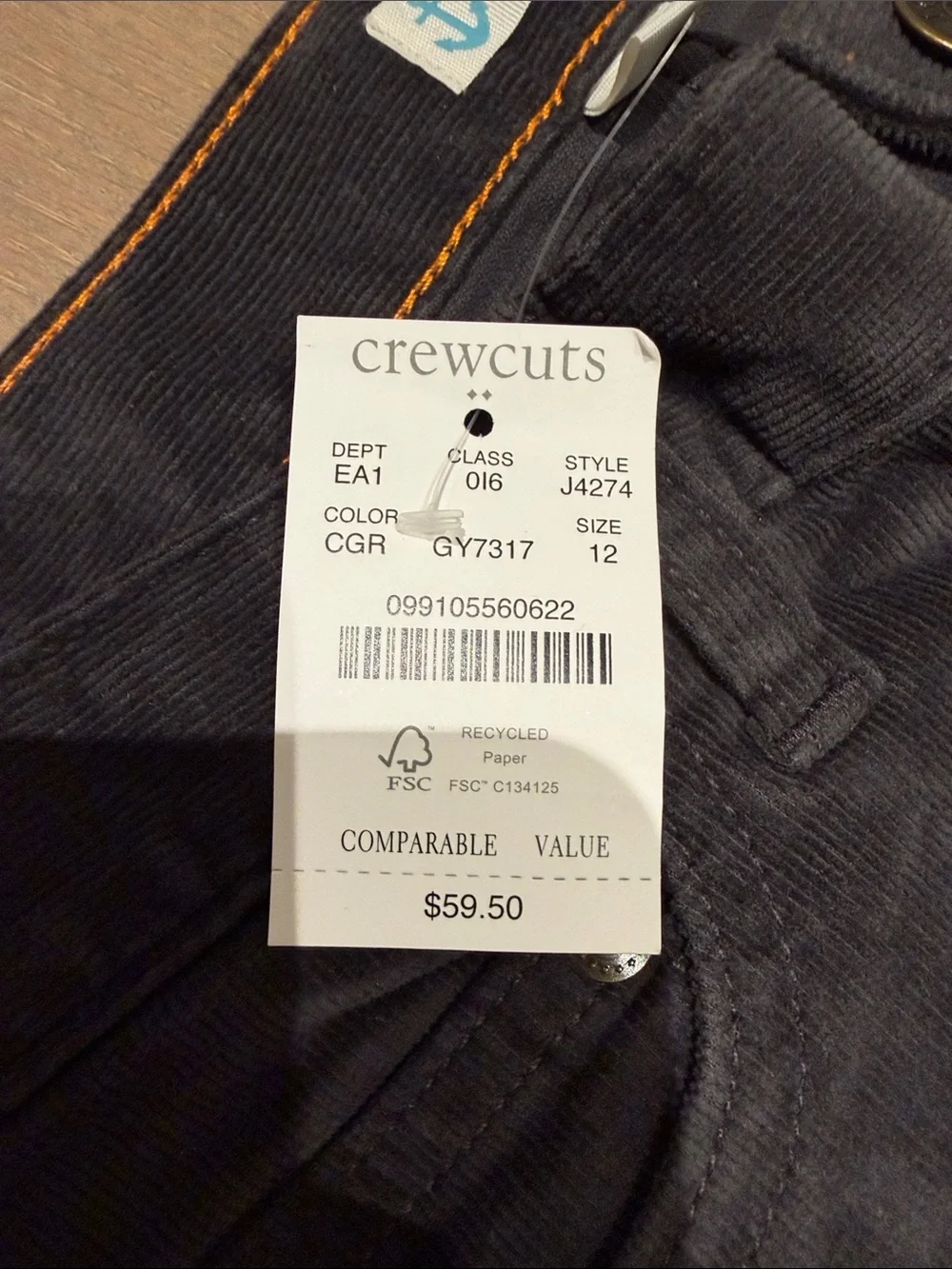 Crewcuts dark grey Straight Corduroy Jeans for boys (Classic Black)